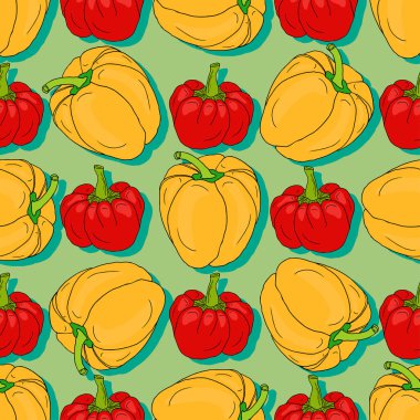 Kırmızı ve sarı biber dikişsiz desen. Vegetanbles ambalaj kağıdı. Tekstil baskı, iç dekor ve desen tasarımı.