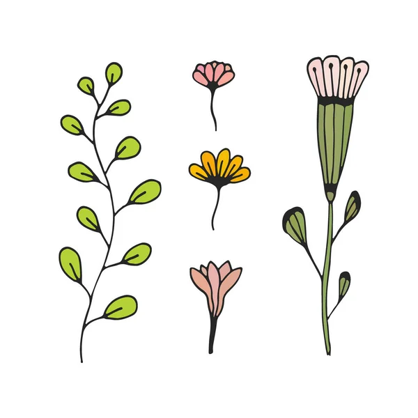 Collection florale dessinée à la main. Jolies fleurs décoratives. T-shirt imprimé design. Stickers gribouillis mignon . — Image vectorielle