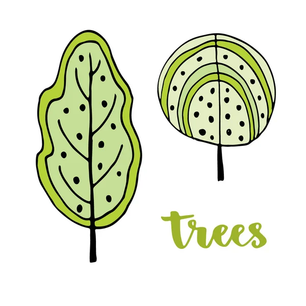 Ícones de árvores. Ilustração vetorial de jardim. T-shirt design de impressão. Adesivos doodle bonito . — Vetor de Stock