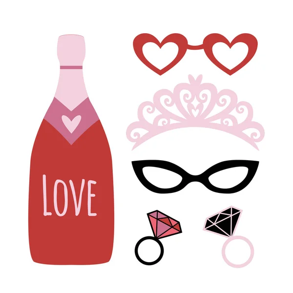 Des accessoires de photomaton. Des éléments drôles de vacances. Valentines ou accessoires de mariage champagne, couronne, verres, bagues en diamant . — Image vectorielle