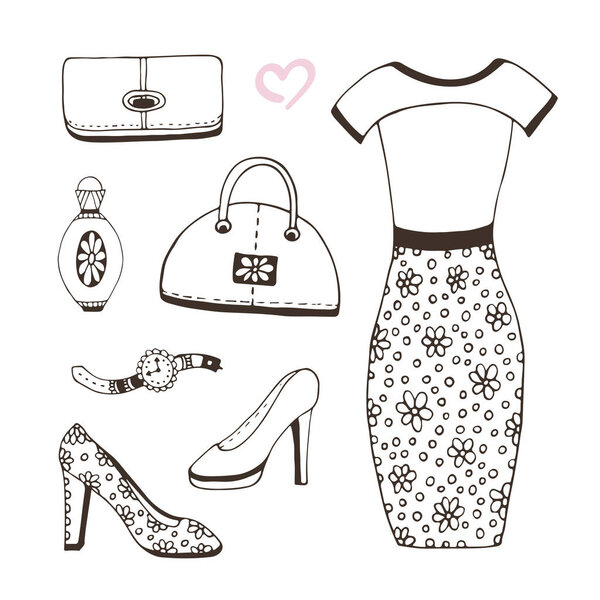 Мода иллюстрация одежды. Современная женская одежда. С модными аксессуарами. Векторная одежда для женской красоты. Страница с раскраской
.