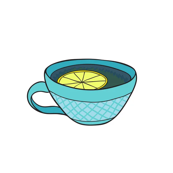 Tea cup with lemon. Hand drawn print. Sticker icon design. — Stock Vector