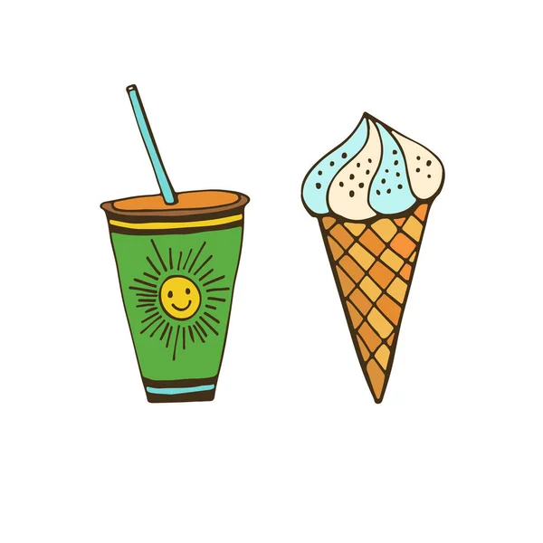 Иллюстрация летней еды. Стикер печать дизайн. Лимонад и мороженое . — стоковый вектор