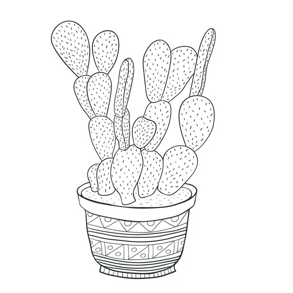 Cactus houseplant Illustrazione. Opuntia Linea vettoriale art. Libro da colorare per adulti pagina . — Vettoriale Stock