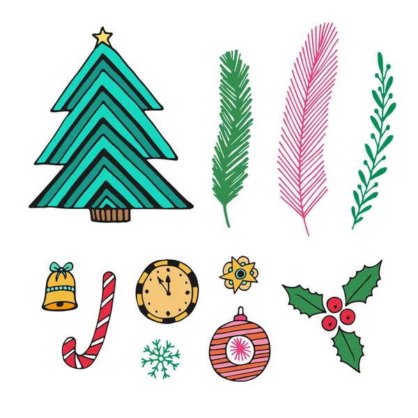 Christmas ręcznie rysowane naklejki. Śliczne dekoracje. Drzewo Noworoczne. — Wektor stockowy
