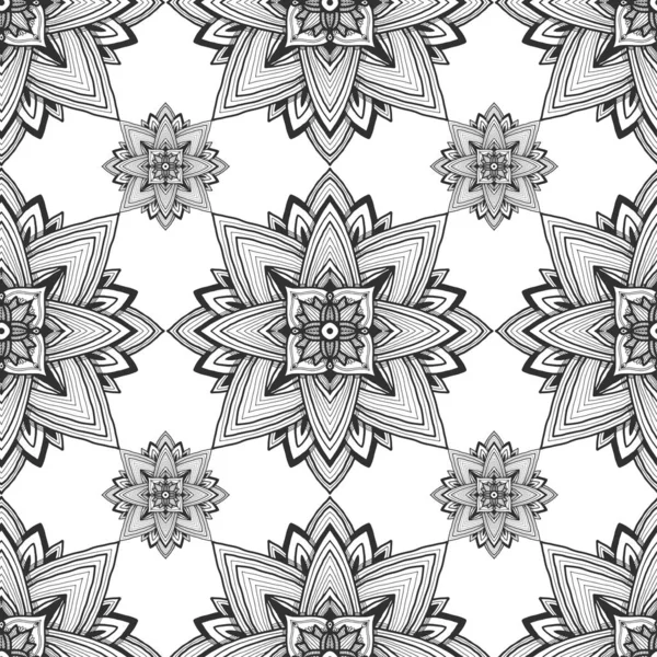 Black and white ornamental pattern. Seamless background in vector for coloring book page or textile design. — Stock Vector