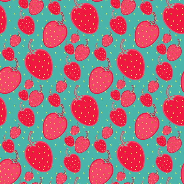 Erdbeeren nahtloses Muster auf türkisfarbenem Hintergrund. modernes Packpapier. Textildruck, Inneneinrichtung. Tapetenmuster Design mit rosa Erdbeere. — Stockvektor