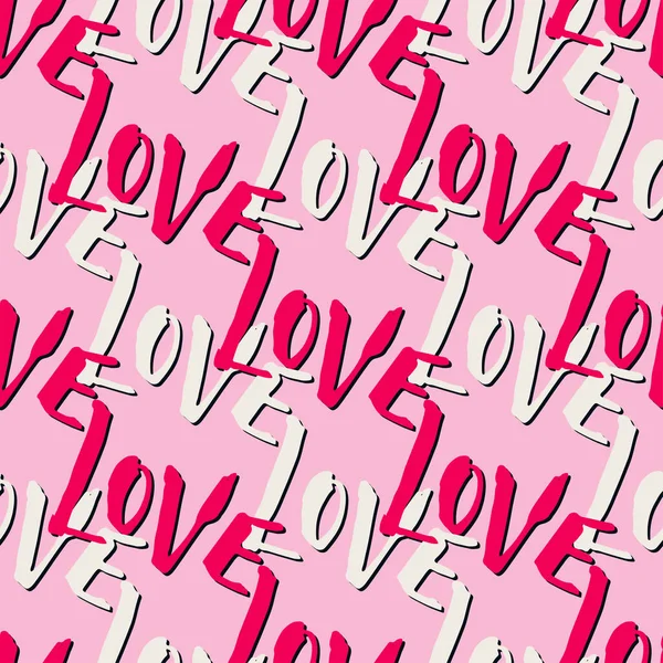 Ρομαντικό μοτίβο ημέρα του Αγίου Βαλεντίνου με λέξη Love. Ροζ χέρι που τράβηξε το φόντο. Χωρίς ραφή μοτίβο με χειρόγραφο κείμενο πινέλου γραφής. Μόδα ύφασμα εκτύπωσης. — Διανυσματικό Αρχείο