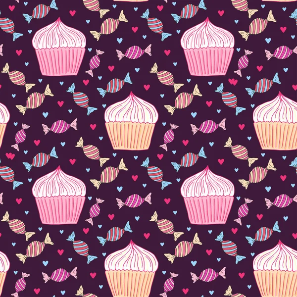 Patrón de cupcake sin costuras. Papel de panadería. Estampado textil, decoración de cumpleaños y diseño de patrones de bebé — Vector de stock