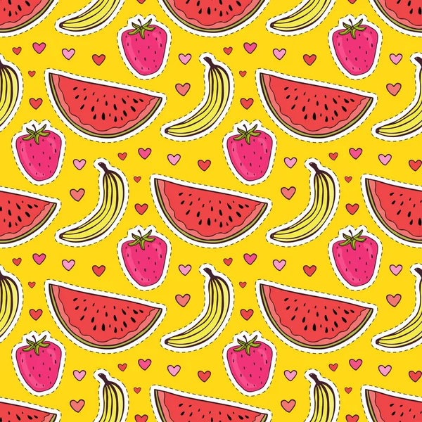 Gyümölcs varrat nélküli mintázat görögdinnye, banán és eper. Nyári csomagolópapír. Textil gyümölcs nyomat. Baby tapéta minta-design. — Stock Vector