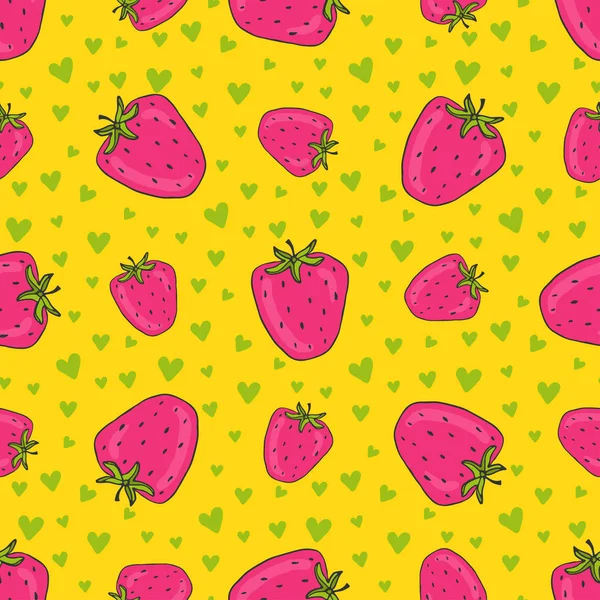 Fraises motif sans couture avec des cœurs verts. Papier d'emballage moderne. Impression textile, décor intérieur. Modèle de motif de papier peint avec fraise rose sur fond jaune . — Image vectorielle