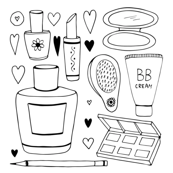 Conjunto de coleção de doodles cosméticos. Ilustração de arte de linha vetorial —  Vetores de Stock