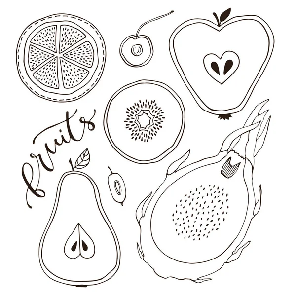 Uppsättning skivade frukter. Äpple, päron, pitaya, kiwi, orange linje dragen på vit bakgrund. Vektor illustration. Målarbok sida för vuxna — Stock vektor
