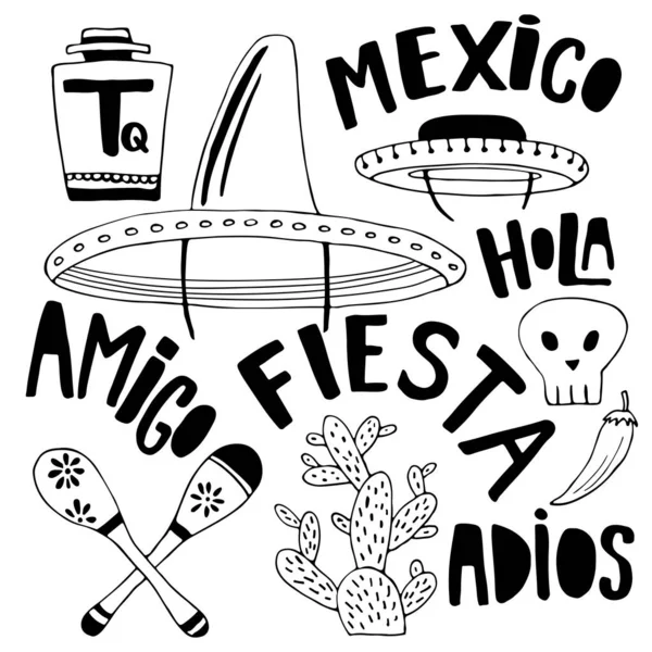 멕시코 요소와 단어 컬렉션입니다. Cinco de mayo 휴일 장식. 당신의 디자인을위한 낙서 손으로 그린 장식 — 스톡 벡터