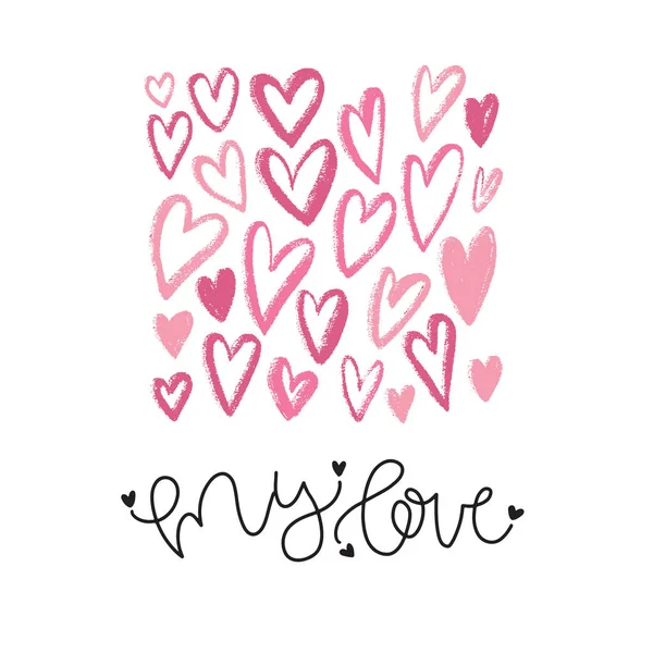 Mi amor - tarjeta de felicitación navideña. Vector para invitación, volante o plantilla. Fondo corazones rosados. 8 marzo o día de San Valentín concepto . — Vector de stock