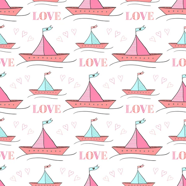 Seamless pattern of paper boats. Vector illustration for kids textile design. Repeating texture of cute ship — Stock Vector