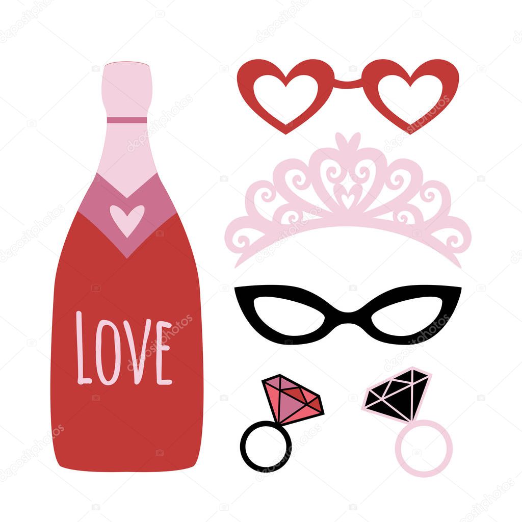 Party photo booth props. Holiday funny elements. Valentines day or wedding props - champagne, crown, glasses, diamond rings.