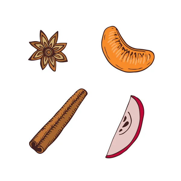 Épices et tranches de fruits. Icônes vectorielles. Illustration dessinée à la main. Sticker design alimentaire . — Image vectorielle