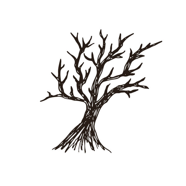 Tree Vector silhouette. Hand drawn illustration. Halloween Sticker print design.