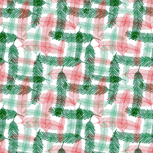 Sömlöst mönster med gröna och röda Gran grenar. Vektor rutig till jul textildesign. — Stock vektor
