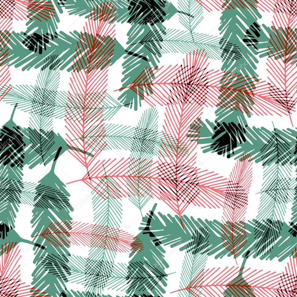 Seamless pattern with green and red fir tree branches. Vector checkered texture for Christmas textile design.