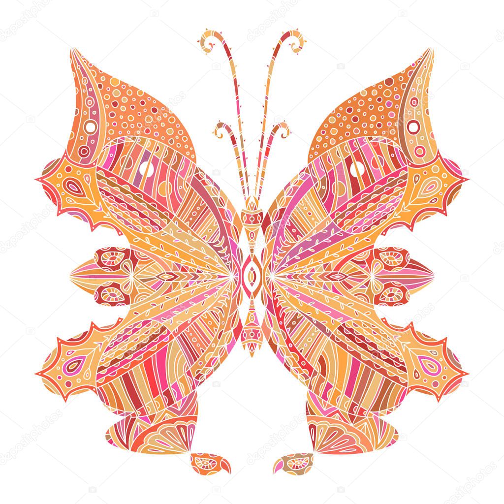 Butterfly illustration in orange and pinkcolors. Summer interior print. Childish t-shirt design with butterfly