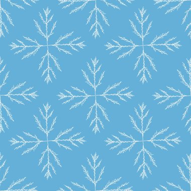 Yeni yıl sorunsuz desen. Beyaz kar taneleri arka plan. Mavi vektör deseni. Sarma, tekstil, duvar kağıdı tasarımı için kış kar taneleri baskı