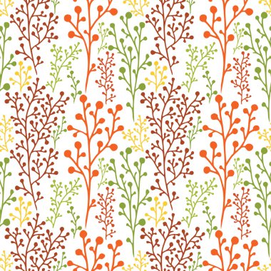 Çiçek dikişsiz desen doku. Çilek dalları doku turuncu yeşil ve sarı renklerde. Vektör illüstrasyon. Tekstil veya kağıt için doğa baskısı