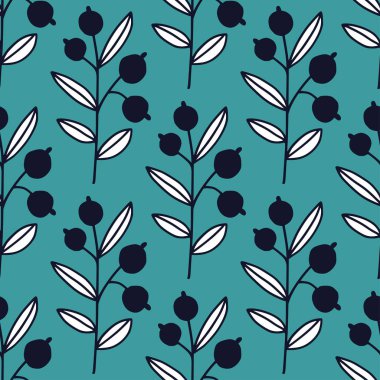 Doğa kusursuz desen. Dallar ve meyveler. Botanik tekstil desen tasarımı. Turkuaz arka planda organik doğa süsü