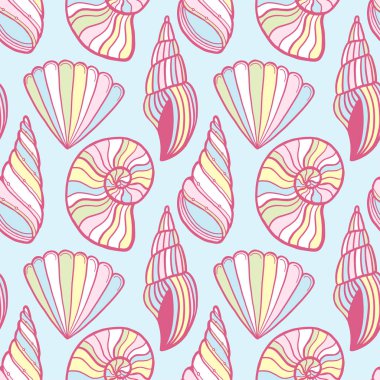 Kabukvektör deseni. Pastel renklerde yaz arka plan. Deniz kabukları dikişsiz desen. Çocuksu tekstil ve sarma tasarımı için bebek baskısı