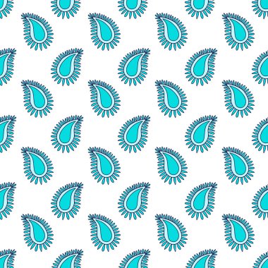 Süs paisley desen. Hint tekstil tasarımı. Paisley dikişsiz patterper. Dekoratif basit arka plan. Turkuaz ve mavi renklerde dantel kumaş baskı