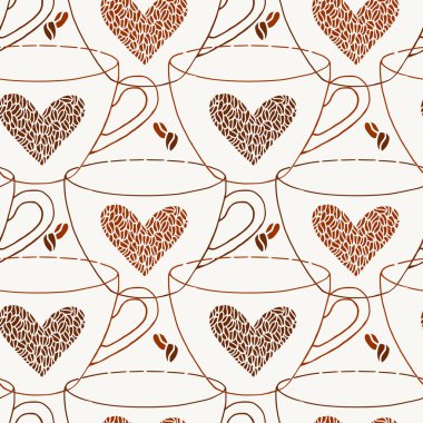 Kahve fincanları sorunsuz desen. Kahve çekirdeği kalpleri yazdırılabilir arka plan.
