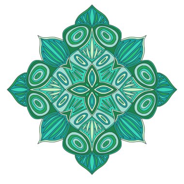 Süs yeşili Mandala. Halı süs deseni. Yeşil renklerde iç mandala baskı. Soyut tasarım dekorasyonu