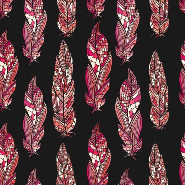 Koyu arka planda tüyler intisi deseni. Moda tekstil ve ambalaj baskı için trendy desen. Boho duvar kağıdı tasarımı