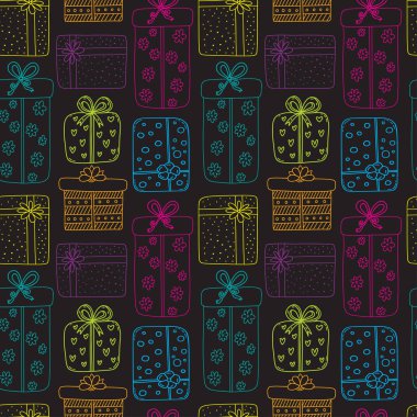 Gifts seamless pattern. New year or Christmas background. Holiday pattern with gift boxes. Wrapping colorful paper design