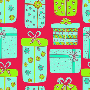 Bright seamless pattern with gift boxes. Birthday, new year or valentine background. Holiday vivid pattern. Wrapping paper design in turquoise and pink colors