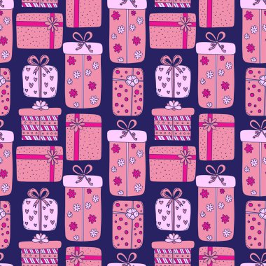 Hediyeler sorunsuz desen. Doğum günü, yeni yıl veya sevgililer günü arka plan. Hediye kutuları ile tatil deseni. Pembe ve mor renklerde ambalaj kağıdı tasarımı