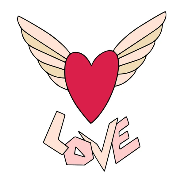 Herz Mit Flügeln Valentinstag Grußkarte Romantische Druckgrafik Lettring Liebeswort — Stockvektor