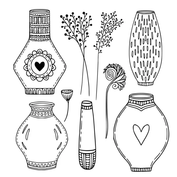 Vases Vectoriels Sertis Fleurs Décoration Intérieure Intérieure Vases Modernes Contour — Image vectorielle