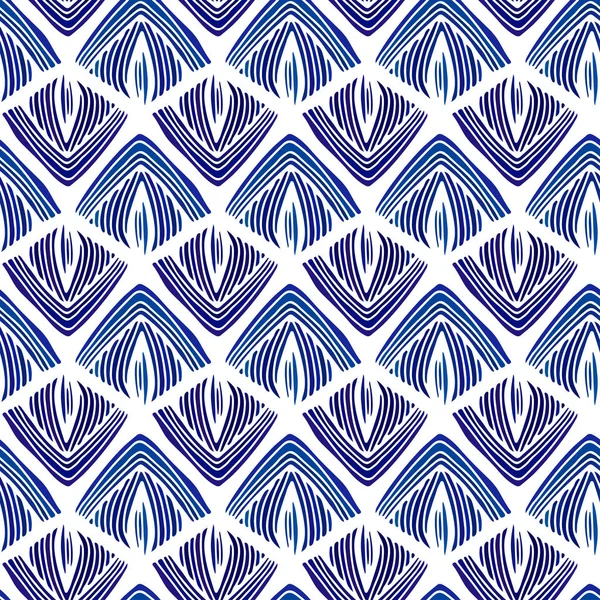 Blue Hand Drawn Seamless Pattern Curved Triangles Ornament Ikat Seamless — Stock Vector