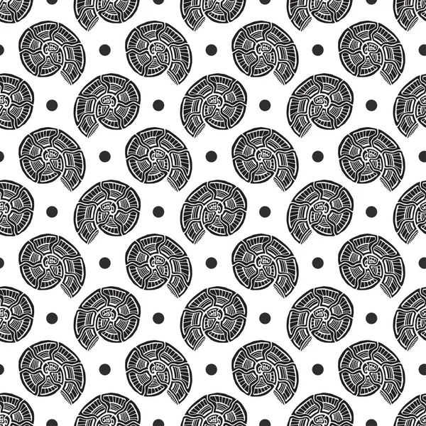 シェルシームレスパターン 黒と白の色の航海の背景 テキスタイルデザインのための貝殻パターン — ストックベクタ
