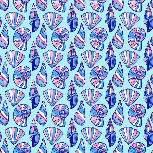 Coquilles Motif Sans Couture Fond Marin Tropical Aux Couleurs Bleues — Image vectorielle