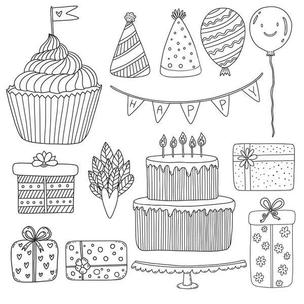 Collection Croquis Anniversaire Cadeaux Gâteaux Chapeaux Vacances Carte Vœux Décoration — Image vectorielle