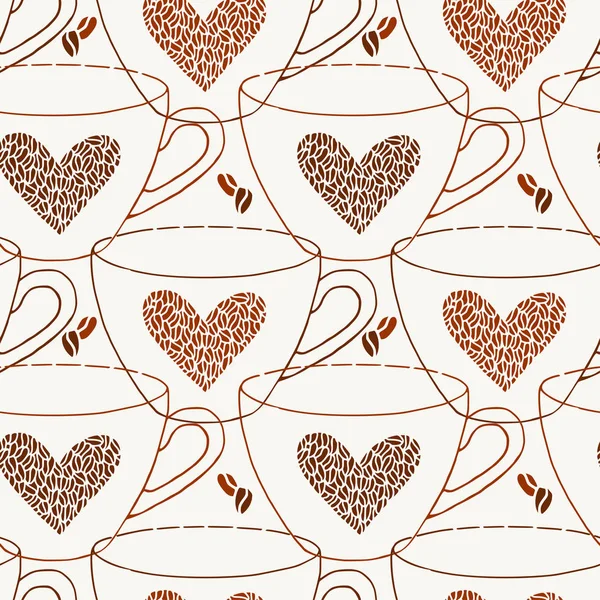 Coffee Cups Seamless Pattern Coffee Bean Hearts Printable Background — Stock Vector