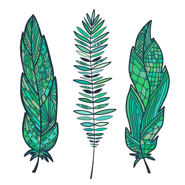 Plumas Estilizadas Dibujadas Mano Impresión Arte Tropical Diseño Decorativo Plumas — Vector de stock