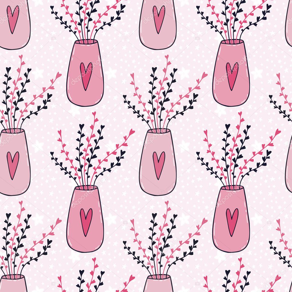 Seamless texture with flower in vases. Interior pattern print design. Floral seamless pattern in pink color