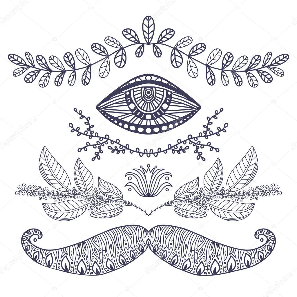 Tattoo art design. Floral ornamental leaves ornaments, eye and ornate mustache. Henna tattoo print.