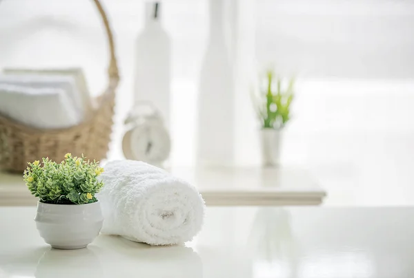 Roll White Towels White Table Copy Space Blurred Living Room — Stock Photo, Image
