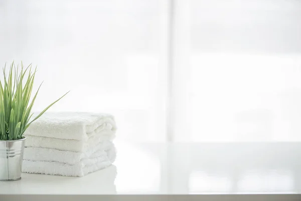 Havlu ve houseplant kopya alanı ile beyaz tabloda. Ürün görüntü montaj için.