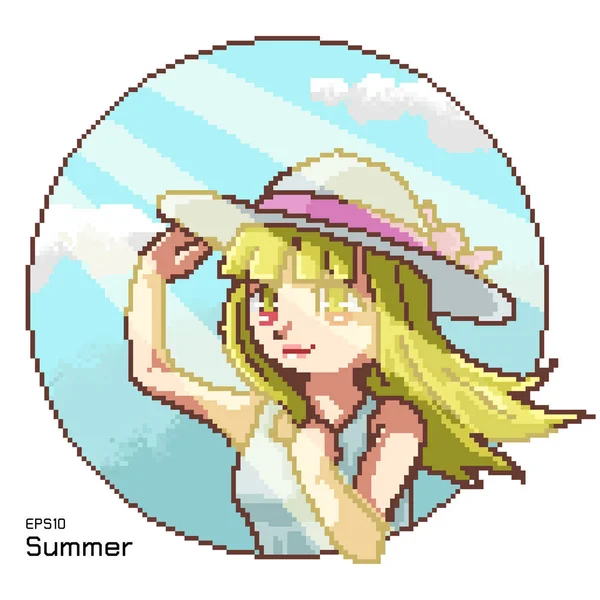 vector pixel art of a cute girl with hat on sun light and clear sky
